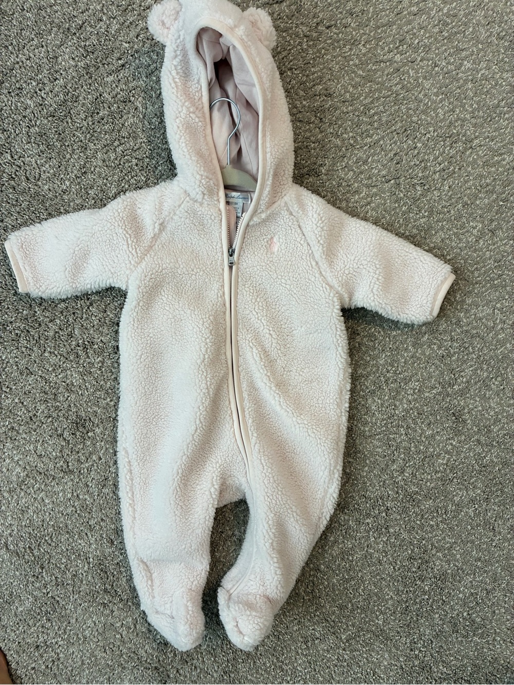 Ralph Lauren Plush Hooded Baby One-Piece in Pale Pink